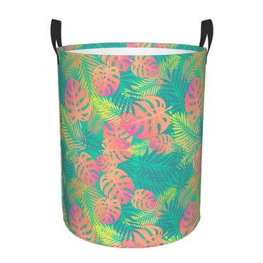 Fotbe Colorful Palm Leaves Laundry Basket with Handles, Waterproof Large Laundry Hamper, Wash Bag for Corner Dorm, Rolling Laundry Basket with Handles-Small