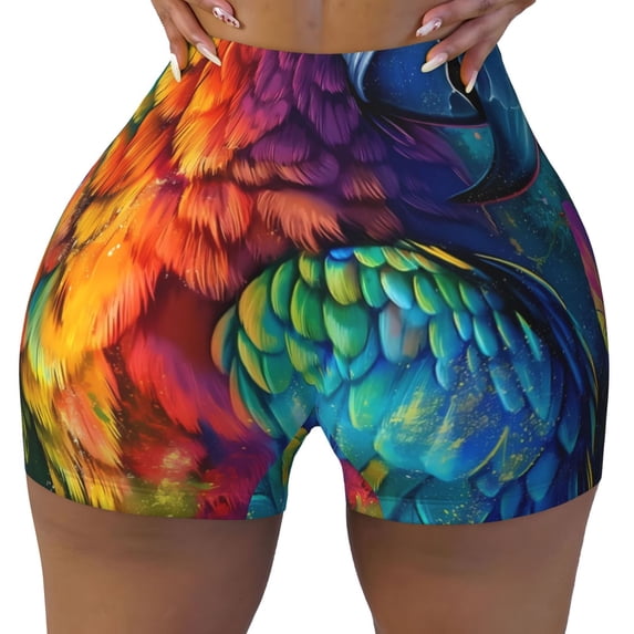 Fotbe Colorful Parrot Jungle Dream Seamless Shorts, Womens Workout Shorts High Waist Stretch Booty Short for Gym/Yoga/Running/Biking-Large