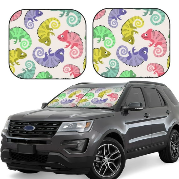 Fotbe Colorful Pattern With Cute Chameleons 2-Piece Car Windshield Sun Shade | Sun Blocker for Car Windshield | Foldable Automotive Interior Accessories for Sun Protection-Medium