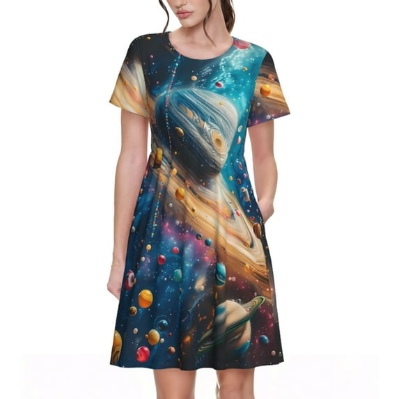 Fotbe Colorful Planet Universe Pattern Dress Casual Womens Fashion Short Sleeve Maxi Dress T Shirt Dress Striped Long Color Block Maxi Dress