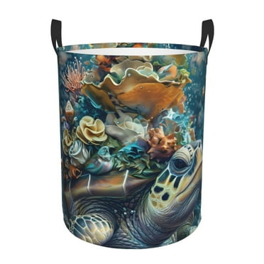 Fotbe Colorful Plant Turtle Laundry Basket with Handles, Waterproof Large Laundry Hamper, Wash Bag for Corner Dorm, Rolling Laundry Basket with Handles-Small