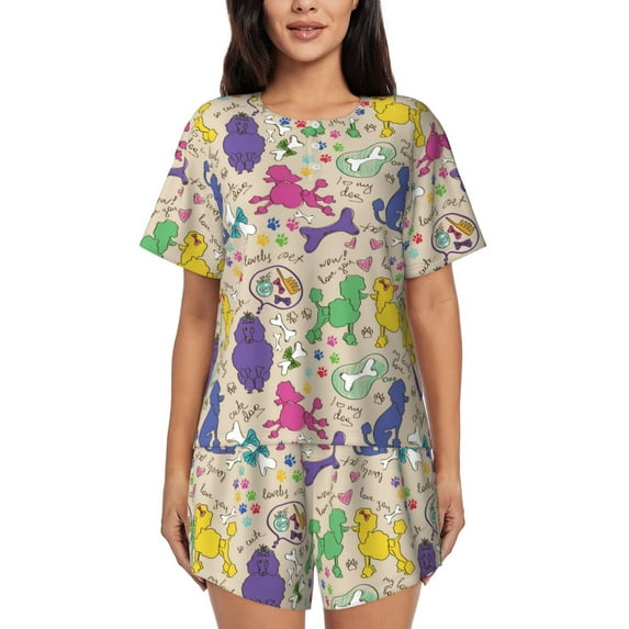 Fotbe Colorful Poodle Dog Print Pajama Set for Women 2 Piece Loungewear Short Sleeve Tops and Shorts Set Soft Sleepwear-3X-Large