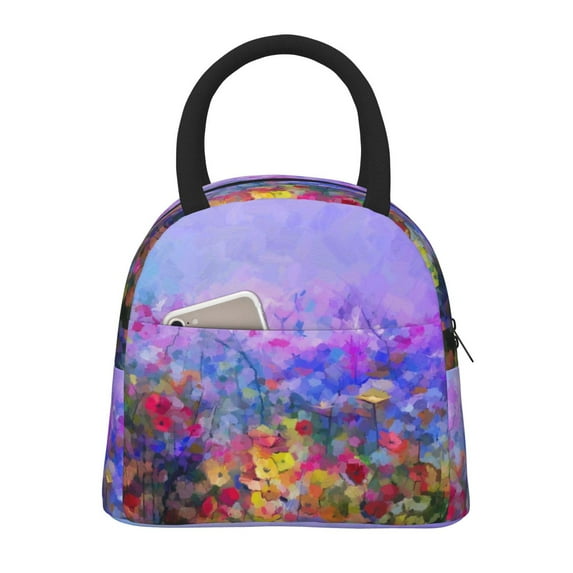 Fotbe Colorful Purple Cosmos Flower Pattern Lunch Bag, Insulated Lunch Box, Small Leakproof Cooler Food Lunch Containers Reusable High Capacity Lunch Tote Bags for Work, Travel, Outdoor