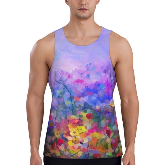 Fotbe Colorful Purple Cosmos Flower Pattern Men's Quick Dry Workout Tank Top Gym Muscle Tee Fitness Bodybuilding Sleeveless T Shirt Breathable Workout Shirt-Large