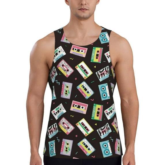 Fotbe Colorful Retro Tape Pattern Men's Quick Dry Workout Tank Top Gym Muscle Tee Fitness Bodybuilding Sleeveless T Shirt Breathable Workout Shirt-
