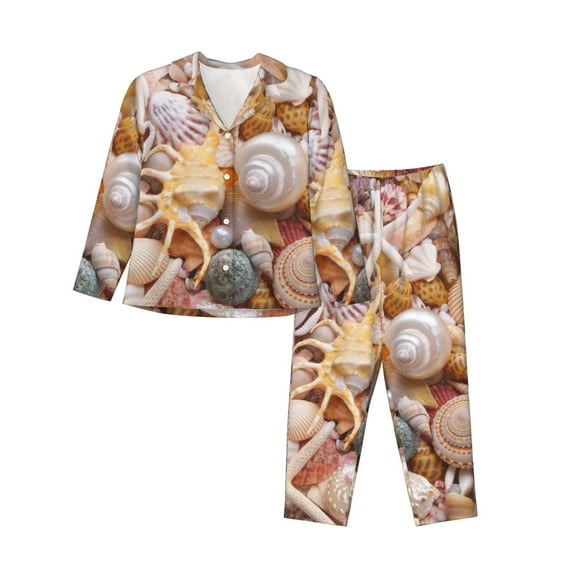 Fotbe Colorful Seashells Pattern Long Sleeve Pajama Set for Women,Sleepwear Set,2-piece Loungewear Set,Soft PJs Comfy Nightwear with Pockets -X-Large