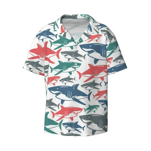 Fotbe Colorful Shark print Short Sleeve Button Down Shirts for Men Casual Summer Beach Wrinkle Free Shirt-XX-Large