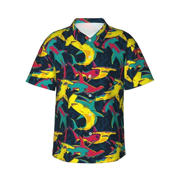 Fotbe Colorful Sharks Hawaiian Shirt for Men Unisex Summer Beach Casual Short Sleeve Cotton Linen Button Down Shirts-XX-Large