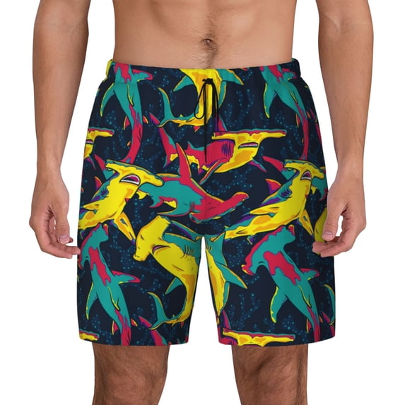 Fotbe Colorful Sharks Men’s Swim Trunks Quick Dry Swim Shorts Board Shorts with Mesh Lining-Small