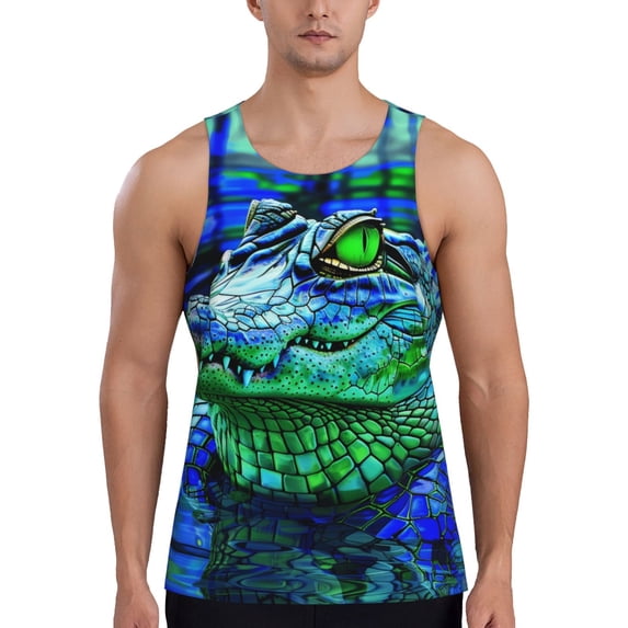 Fotbe Colorful Stained Glass Crocodile Pattern Men's Quick Dry Workout Tank Top Gym Muscle Tee Fitness Bodybuilding Sleeveless T Shirt Breathable Workout Shirt-3X-Large