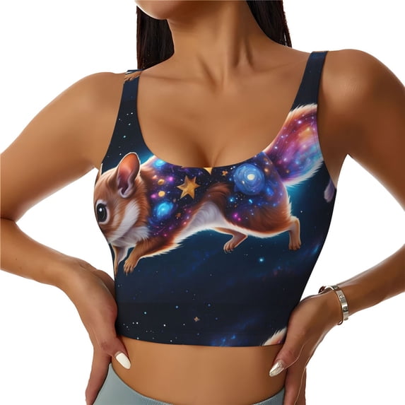 Fotbe Colorful Star River Squirrel Pattern Womens' Sports Bra Longline Wirefree Padded with Medium Support Sports Moisture-Wicking Workou Vest,Tank Top-Large