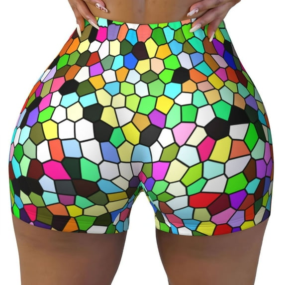Fotbe Colorful Tie Dye Stained Glass Seamless Shorts, Womens Workout Shorts High Waist Stretch Booty Short for Gym/Yoga/Running/Biking-Medium