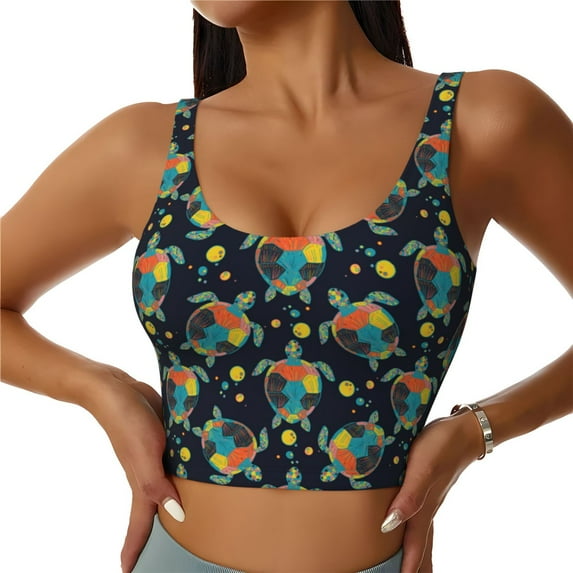 Fotbe Colorful Turtles Pattern Womens' Sports Bra Longline Wirefree Padded with Medium Support Sports Moisture-Wicking Workou Vest,Tank Top-Large