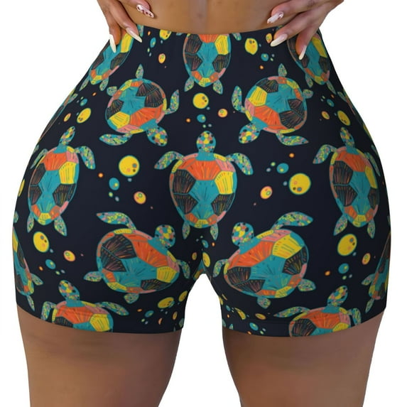 Fotbe Colorful Turtles Seamless Shorts, Womens Workout Shorts High Waist Stretch Booty Short for Gym/Yoga/Running/Biking-X-Large