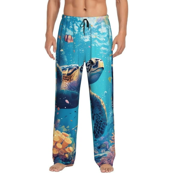 Fotbe Colorful Underwater Plant Turtle Men's Pajama Pants,Sleepwear Pants,Pj Bottoms Drawstring And Pockets-Medium