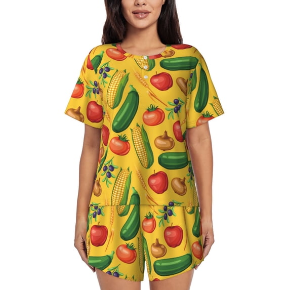 Fotbe Colorful Vegetables Print Pajama Set for Women 2 Piece Loungewear Short Sleeve Tops and Shorts Set Soft Sleepwear-Large