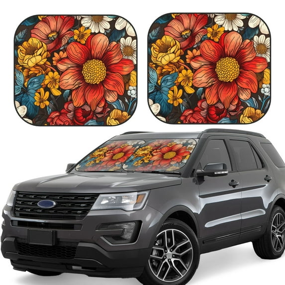 Fotbe Colorful Vintage Floral Pattern 2-Piece Car Windshield Sun Shade | Sun Blocker for Car Windshield | Foldable Automotive Interior Accessories for Sun Protection-Small