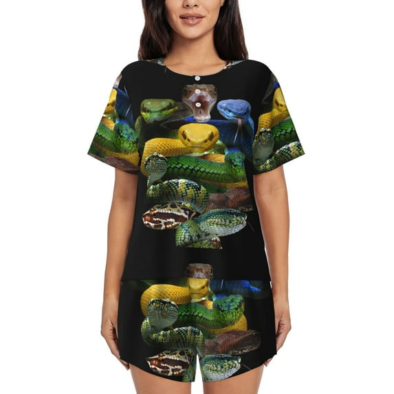 Fotbe Colorful Viper Snake Print Pajama Set for Women 2 Piece Loungewear Short Sleeve Tops and Shorts Set Soft Sleepwear-Small