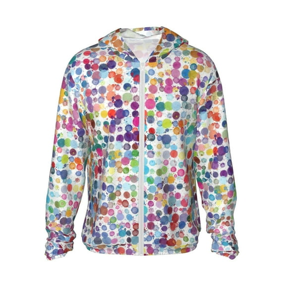Fotbe Colorful Watercolor Dots Men's Women's UPF 50+ Sun Protection Jacket Hooded Cooling Shirt with Pockets Hiking Outdoor Performance-Medium
