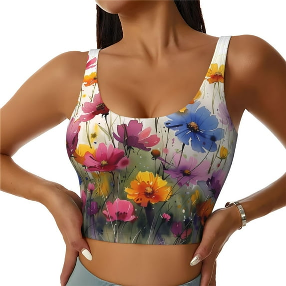 Fotbe Colorful Wildflower Meadow Pattern Womens' Sports Bra Longline Wirefree Padded with Medium Support Sports Moisture-Wicking Workou Vest,Tank Top-Small