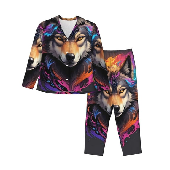 Fotbe Colorful Wolf Head Pattern Long Sleeve Pajama Set for Women,Sleepwear Set,2-piece Loungewear Set,Soft PJs Comfy Nightwear with Pockets -Medium