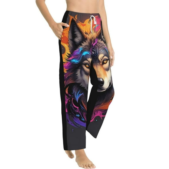 Fotbe Colorful Wolf Head Women's Pajama Pants,Sleepwear Pants,Pj Bottoms Drawstring And Pockets-Small