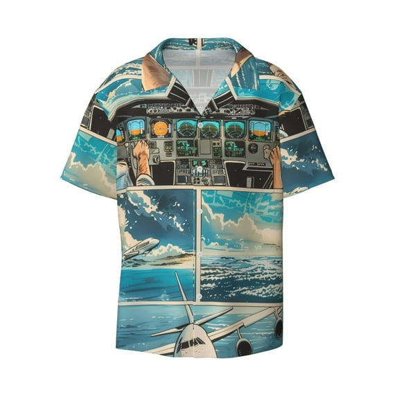 Fotbe Comic Airplane Cockpit Illustration print Short Sleeve Button Down Shirts for Men Casual Summer Beach Wrinkle Free Shirt-Small