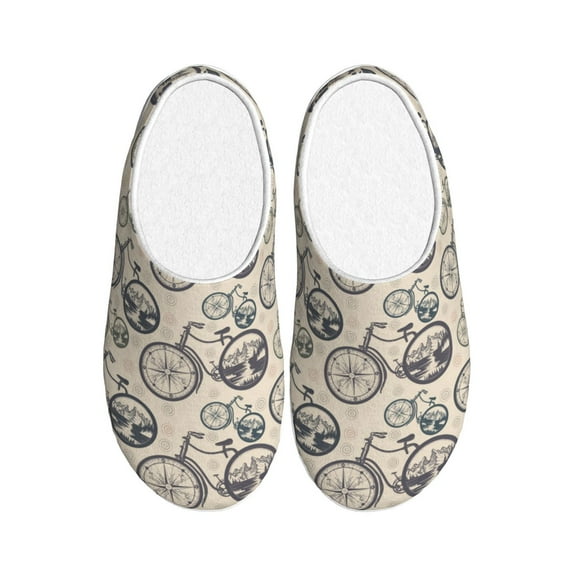 Fotbe Compass And Mountains In Bicycle Wheels Pattern Women's Fuzzy Curly Fur Memory Foam Loafer Slippers Indoor Outdoor Slippers Winter Home Shoes-37/38