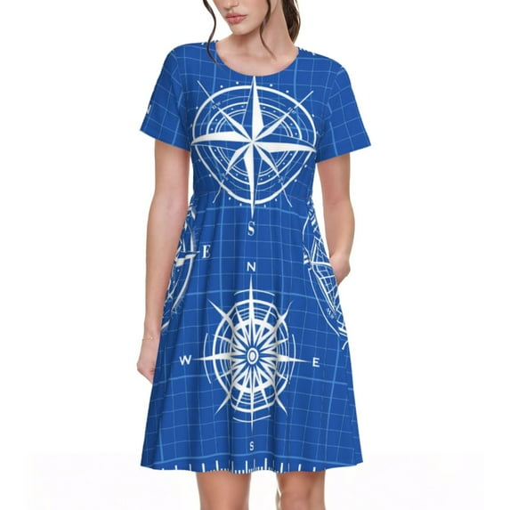 Fotbe Compass Pattern Dress Casual Womens Fashion Short Sleeve Maxi Dress T Shirt Dress Striped Long Color Block Maxi Dress