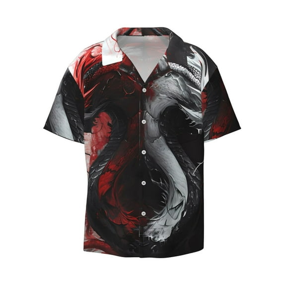 Fotbe Cool Black And White Dragon print Short Sleeve Button Down Shirts for Men Casual Summer Beach Wrinkle Free Shirt-Small