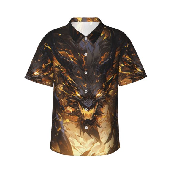 Fotbe Cool Black Gold Dragon Hawaiian Shirt for Men Unisex Summer Beach Casual Short Sleeve Cotton Linen Button Down Shirts-XX-Large