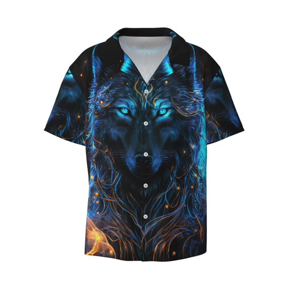 Fotbe Cool Blue Light Wolf print Short Sleeve Button Down Shirts for Men Casual Summer Beach Wrinkle Free Shirt-XX-Large
