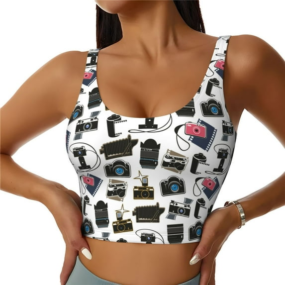 Fotbe Cool Camera Pattern Womens' Sports Bra Longline Wirefree Padded with Medium Support Sports Moisture-Wicking Workou Vest,Tank Top-Medium