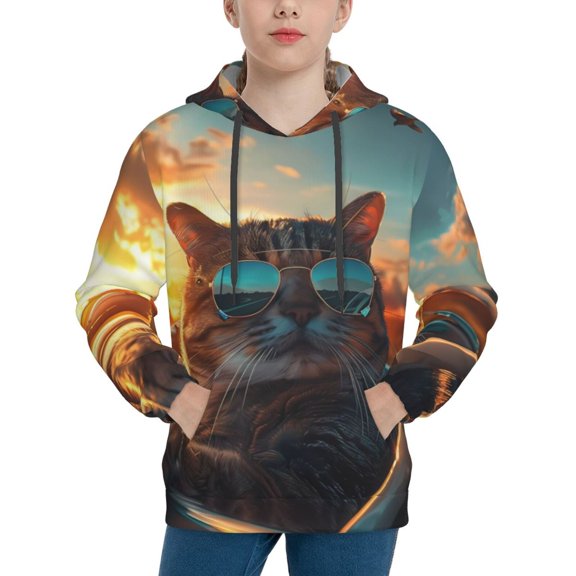 Fotbe Cool Cat Driving Sunset Pattern Youth Pullover Hooded Sweatshirt, Boys Hoodie, Kangaroo Pocket Hoodie for Kids Girls -X-Large