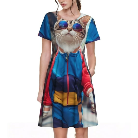 Fotbe Cool Cat In Sunglasses Pattern Dress Casual Womens Fashion Short Sleeve Maxi Dress T Shirt Dress Striped Long Color Block Maxi Dress