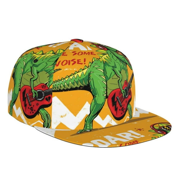 Fotbe Cool Dinosaur Playing Guitar Flat Bill Visor Cap Classic Snapback Hat Polyester Foam Trucker Hat Trucker Cap Adjustable Baseball Cap