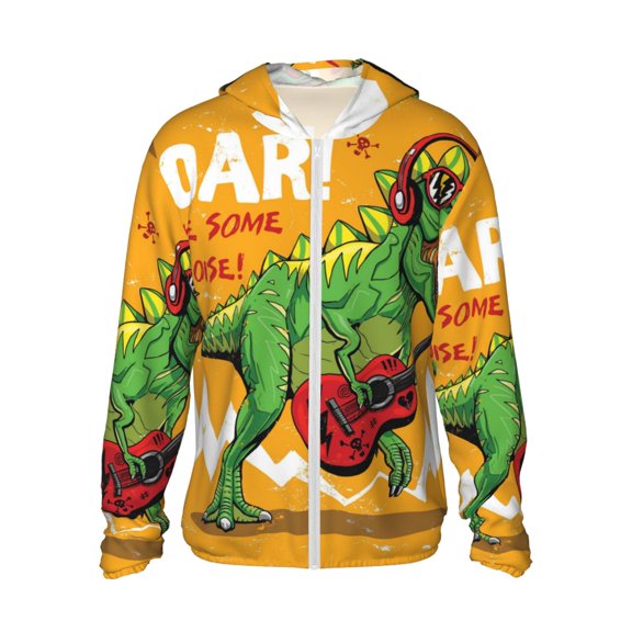 Fotbe Cool Dinosaur Playing Guitar Men's Women's UPF 50 Sun Protection Jacket Hooded Cooling Shirt with Pockets Hiking Outdoor Performance-XX-Large