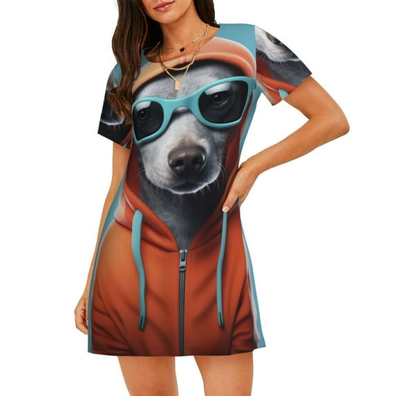 Fotbe Cool Dog In Hoodie Pattern Women's Cotton Nightgown Sleepwear Short Sleeves Shirt Casual Print Sleepdress