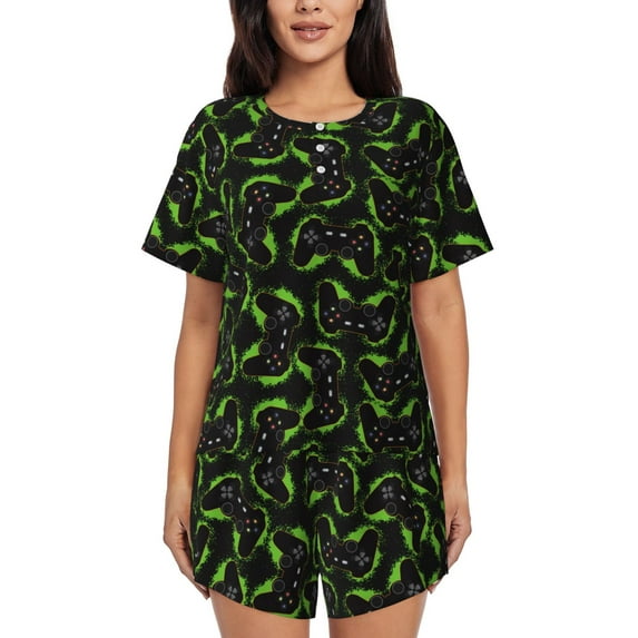 Fotbe Cool Gamepad Print Pajama Set for Women 2 Piece Loungewear Short Sleeve Tops and Shorts Set Soft Sleepwear-