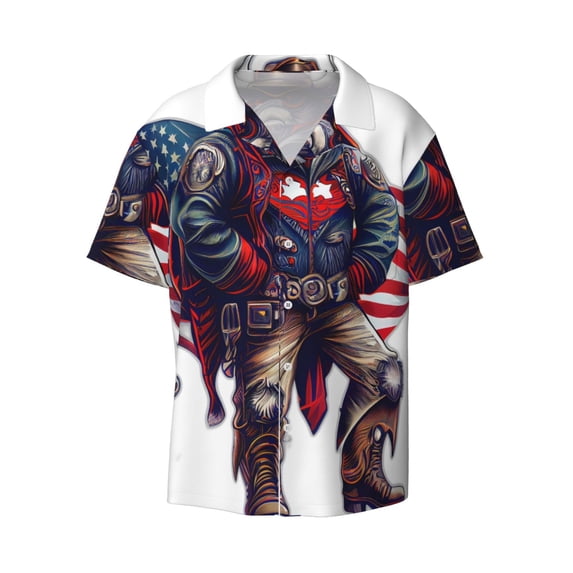 Fotbe Cool Patriotic Buffalo Cowboy print Short Sleeve Button Down Shirts for Men Casual Summer Beach Wrinkle Free Shirt-XX-Large