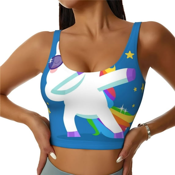 Fotbe Cool Unicorn Star Golden Pattern Womens' Sports Bra Longline Wirefree Padded with Medium Support Sports Moisture-Wicking Workou Vest,Tank Top-