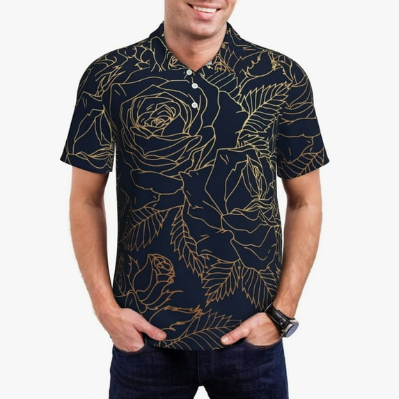Fotbe Copper-Gold Gloss Outline Rose Pattern Men’s Golf Polo Shirt – Breathable Performance Golf Shirt with Button-Down Collar-XX-Large