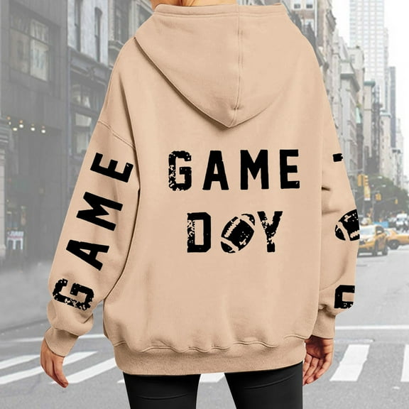 Fashion Women Long Sleeve Letter Football Graphic Printed Drawstring Hoodie Pullover Sweatshirts Top Blouse Clothe with Pocket Women Clothes Patterns Long Sleeve Button down Sweatshirt Womens