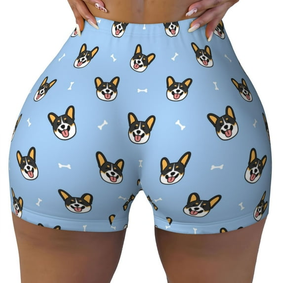 Fotbe Corgi Dog Seamless Shorts, Womens Workout Shorts High Waist Stretch Booty Short for Gym/Yoga/Running/Biking-Small