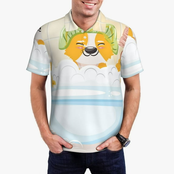 Fotbe Corgi In The Shower Cap Bathing Pattern Men’s Golf Polo Shirt – Breathable Performance Golf Shirt with Button-Down Collar-Medium