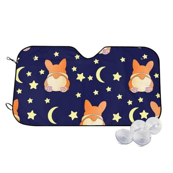 Fotbe Corgi Lying With Moons And Stars Car Windshield Sunshade | Sun Visor Protector Front Window Shade, Keeps Out UV Rays, Keeps Your Vehicle Cool-Small