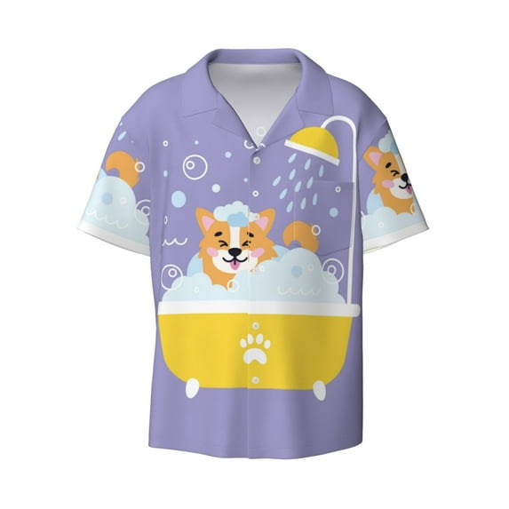 Fotbe Corgi Washing in Bathtub print Short Sleeve Button Down Shirts for Men Casual Summer Beach Wrinkle Free Shirt-Large