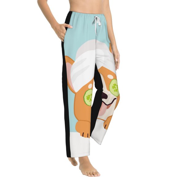 Fotbe Corgi With Towel Ans Slice Cucumber Women's Pajama Pants,Sleepwear Pants,Pj Bottoms Drawstring And Pockets-Medium