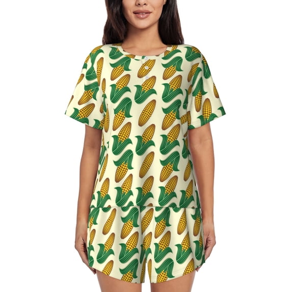 Fotbe Corn Print Pajama Set for Women 2 Piece Loungewear Short Sleeve Tops and Shorts Set Soft Sleepwear-Large