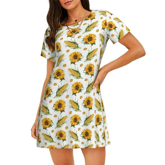 Fotbe Corn Sunflowers Pattern Women's Cotton Nightgown Sleepwear Short Sleeves Shirt Casual Print Sleepdress